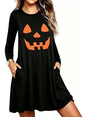 🆕Women's Halloween Cute Jack-O-Lantern Pumpkin Long Sleeve Swing Dress